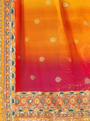 Yellow georgette bandhani saree with unstitched blouse piece 4