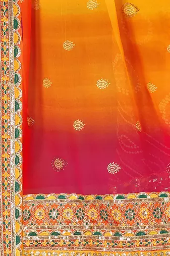 Yellow georgette bandhani saree with unstitched blouse piece