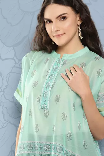  printed mandarin collar ethnic chanderi cotton kaftan longline top