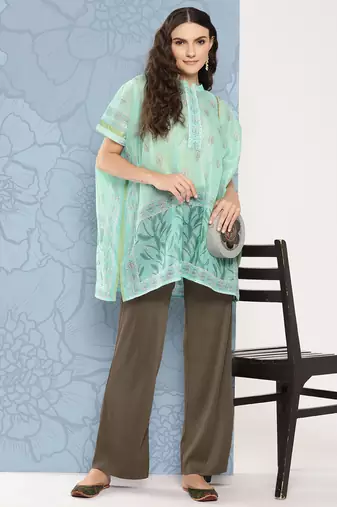  printed mandarin collar ethnic chanderi cotton kaftan longline top