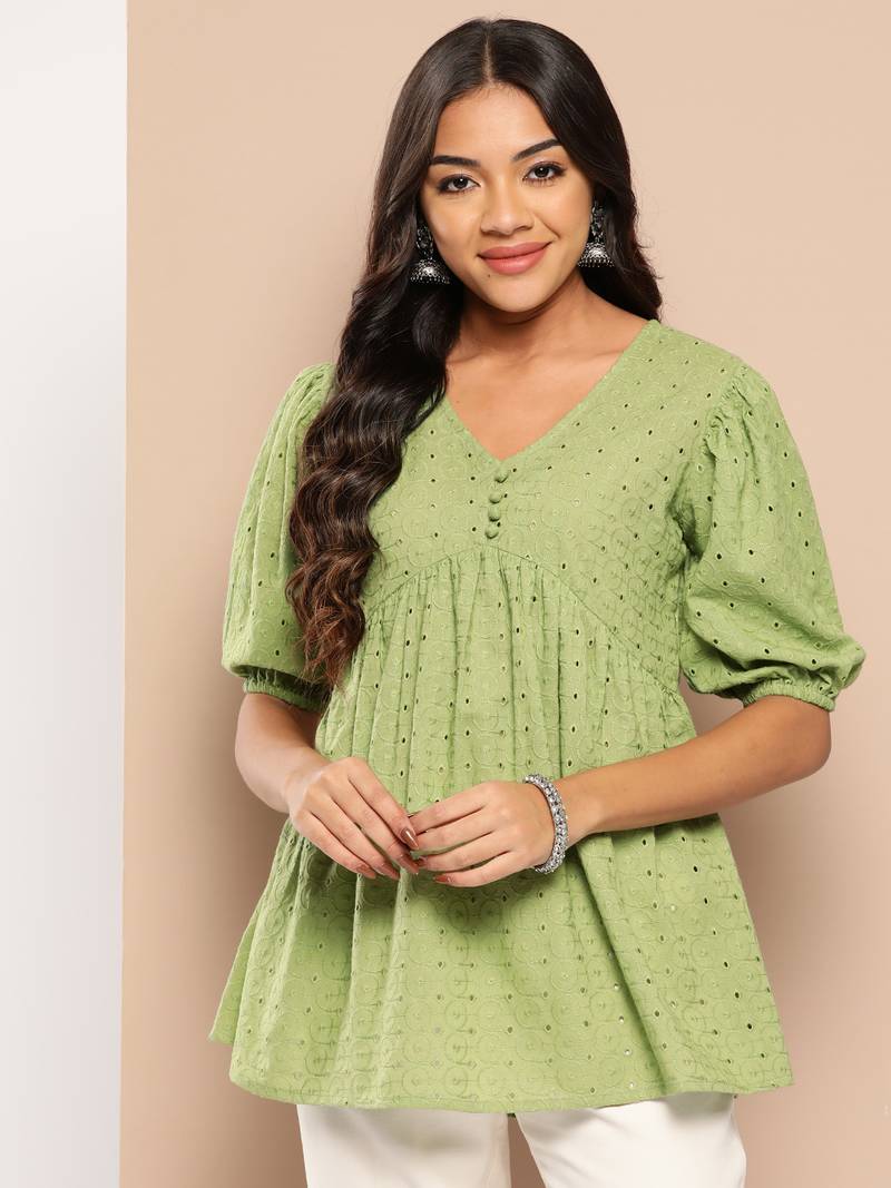 Yufta green alia-cut cotton schiffli tops