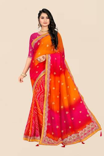 Pink georgette bandhani saree with unstitched blouse piece