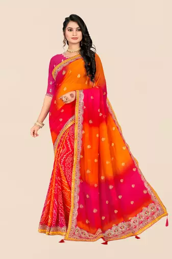 Pink georgette bandhani saree with unstitched blouse piece