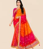 Pink georgette bandhani saree with unstitched blouse piece