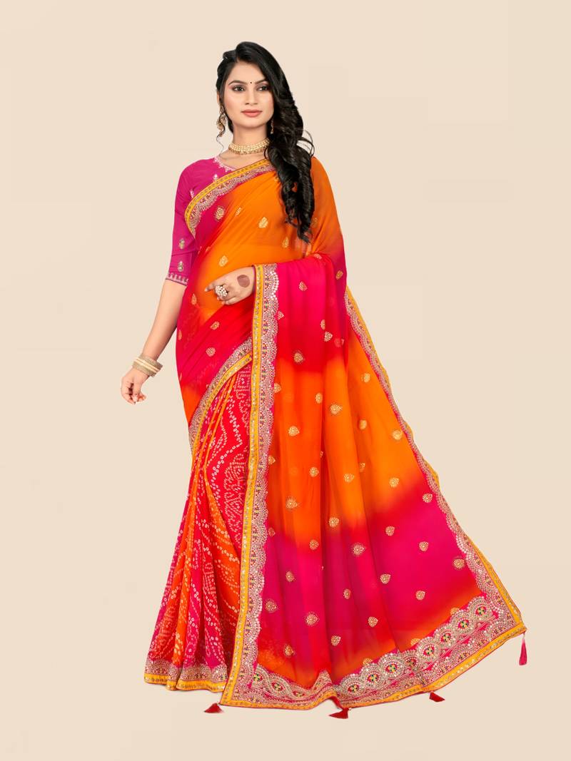 Pink georgette bandhani saree with unstitched blouse piece
