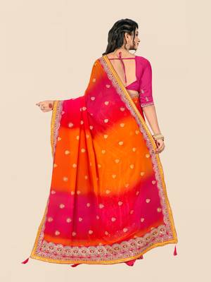 Pink georgette bandhani saree with unstitched blouse piece 2
