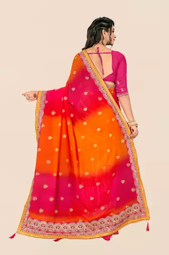 Pink georgette bandhani saree with unstitched blouse piece