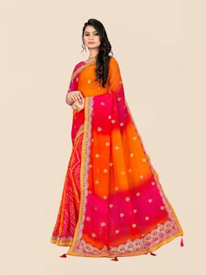 Pink georgette bandhani saree with unstitched blouse piece 4