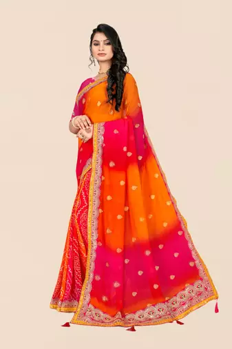 Pink georgette bandhani saree with unstitched blouse piece