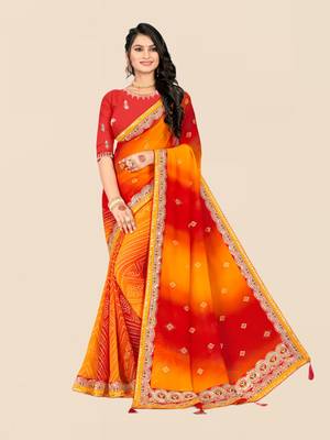 Red georgette bandhani saree with unstitched blouse piece 1