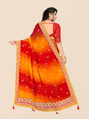 Red georgette bandhani saree with unstitched blouse piece 2
