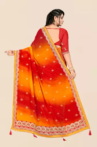 Red georgette bandhani saree with unstitched blouse piece