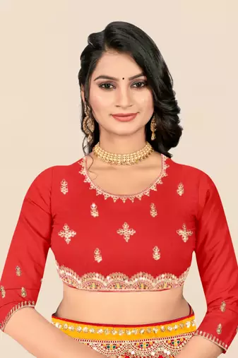 Red georgette bandhani saree with unstitched blouse piece