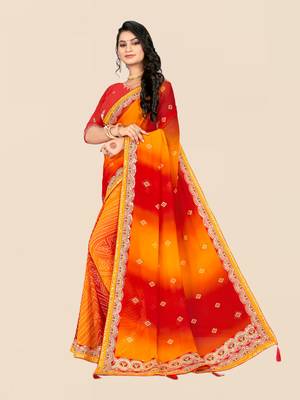 Red georgette bandhani saree with unstitched blouse piece 4