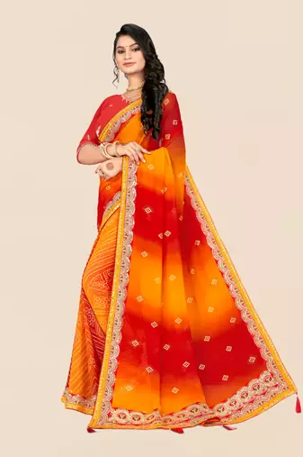 Red georgette bandhani saree with unstitched blouse piece