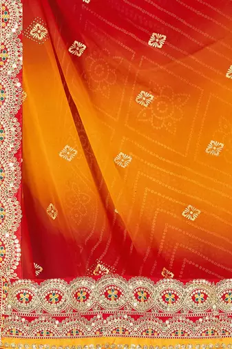 Red georgette bandhani saree with unstitched blouse piece