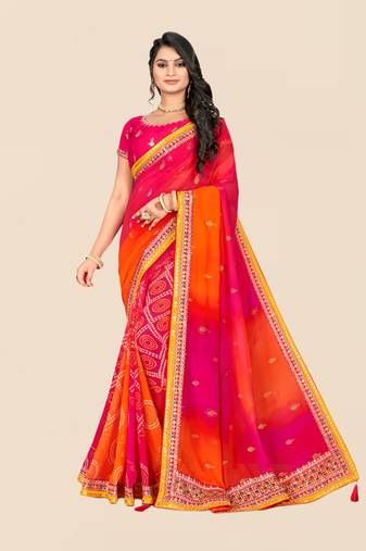Pink georgette bandhani saree with unstitched blouse piece