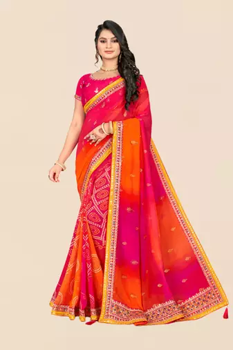 Pink georgette bandhani saree with unstitched blouse piece