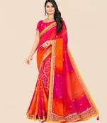 Pink georgette bandhani saree with unstitched blouse piece