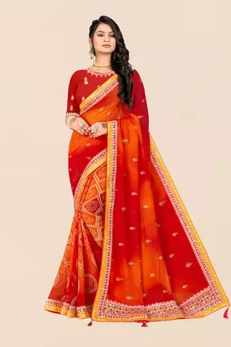 Red georgette bandhani saree with unstitched blouse piece