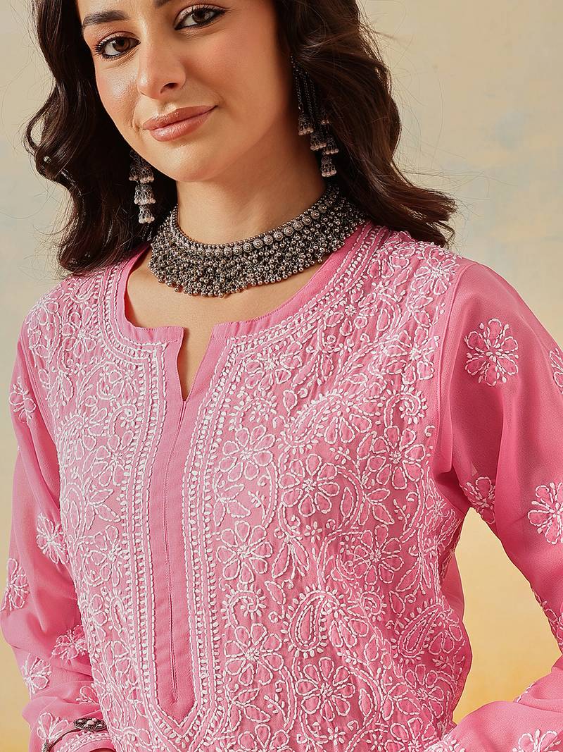 Hand Embroidered Pink Georgette Lucknowi Chikankari Indian Women Straight Kurta