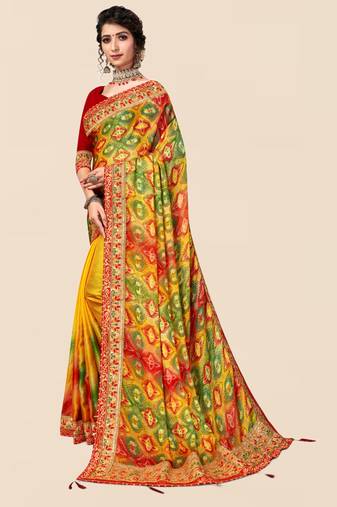 Yellow chiffon bandhani saree with unstitched blouse piece