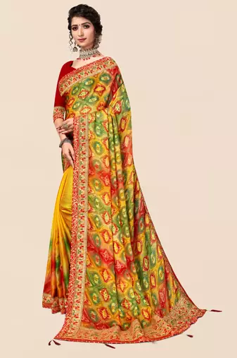 Yellow chiffon bandhani saree with unstitched blouse piece