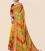 Yellow chiffon bandhani saree with unstitched blouse piece
