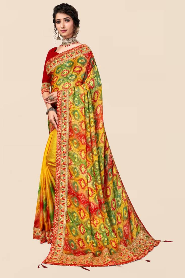 Yellow chiffon bandhani saree with unstitched blouse piece