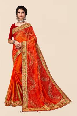 Orange chiffon bandhani saree with unstitched blouse piece 1