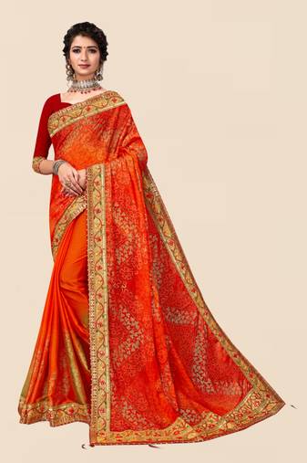 Orange chiffon bandhani saree with unstitched blouse piece