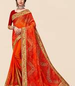 Orange chiffon bandhani saree with unstitched blouse piece