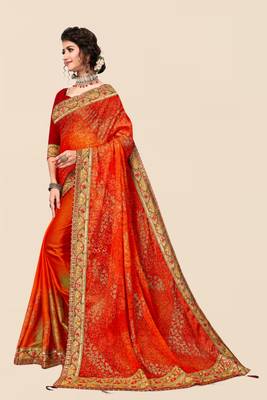Orange chiffon bandhani saree with unstitched blouse piece 2