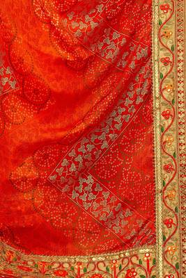 Orange chiffon bandhani saree with unstitched blouse piece 5
