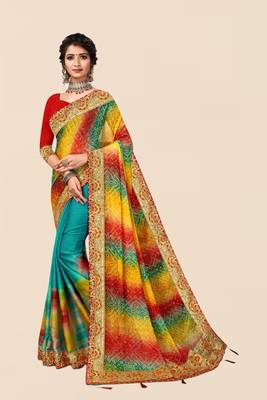 Blue chiffon bandhani saree with unstitched blouse piece 1