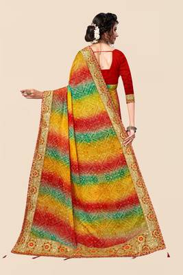 Blue chiffon bandhani saree with unstitched blouse piece 2