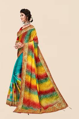 Blue chiffon bandhani saree with unstitched blouse piece 3