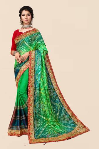 Green  chiffon bandhani saree with unstitched blouse piece