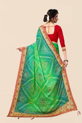 Green  chiffon bandhani saree with unstitched blouse piece 2