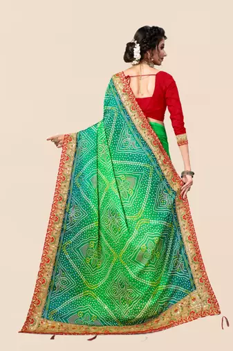 Green  chiffon bandhani saree with unstitched blouse piece
