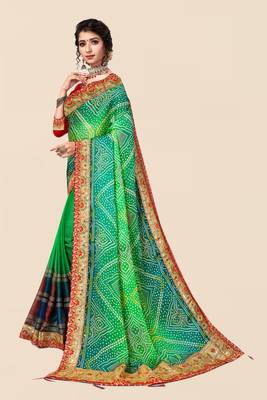 Green  chiffon bandhani saree with unstitched blouse piece 3