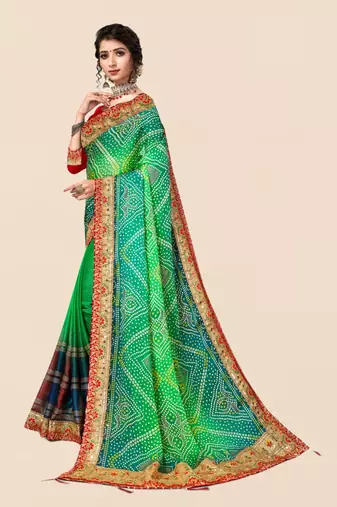 Green  chiffon bandhani saree with unstitched blouse piece