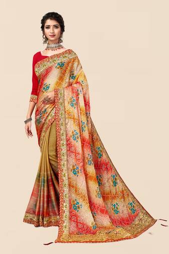 Beige  chiffon bandhani saree with unstitched blouse piece