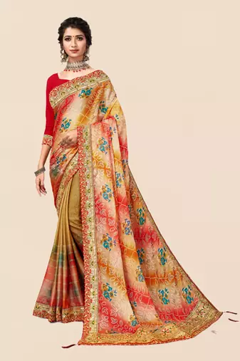 Beige  chiffon bandhani saree with unstitched blouse piece