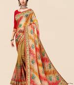 Beige  chiffon bandhani saree with unstitched blouse piece