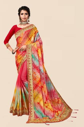 Peach  chiffon bandhani saree with unstitched blouse piece