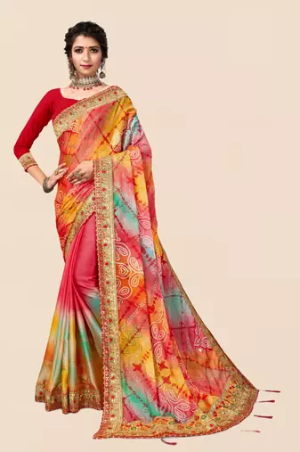 Peach  chiffon bandhani saree with unstitched blouse piece