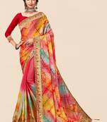Peach  chiffon bandhani saree with unstitched blouse piece