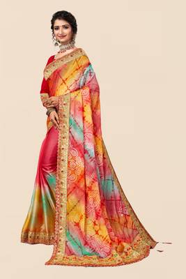 Peach  chiffon bandhani saree with unstitched blouse piece 3