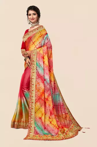 Peach  chiffon bandhani saree with unstitched blouse piece